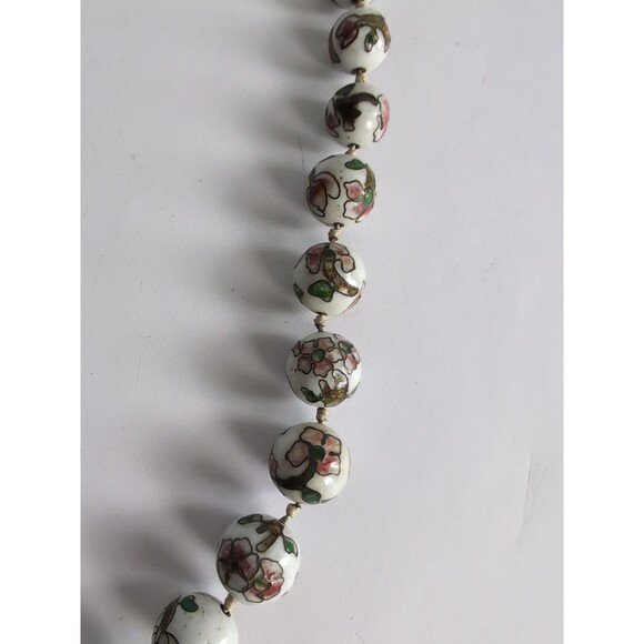 VTG Chinese White Pink Cloisonne Paint Style Knotted Glass Bead 27" Necklace - Picture 2 of 14